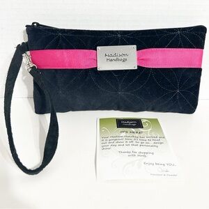 Madison Handbags Black Quilted Velvet Like Wristlet Pink Ribbon Accent / Lining